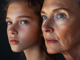 Close-up of two women, one young and the other more mature, their contrasting skin tones and ages highlighted by natural light photo
