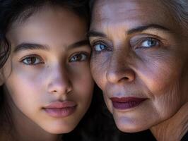 Close-up of two women, one young and the other more mature, their contrasting skin tones and ages highlighted by natural light photo