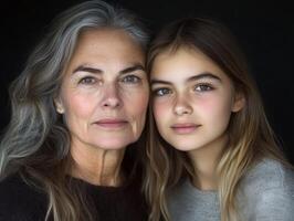 Portrait of a mature woman and a younger woman, both looking confident and beautiful, with their age difference highlighted subtly photo