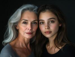 Portrait of a mature woman and a younger woman, both looking confident and beautiful, with their age difference highlighted subtly photo