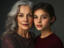 Portrait of a mature woman and a younger woman, both looking confident and beautiful, with their age difference highlighted subtly photo