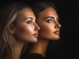 Portrait of two beautiful women of different ages, looking in different directions, showcasing elegance and diversity in appearance photo