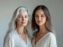 Portrait of two beautiful women, one older and one younger, standing in a relaxed pose, their expressions soft and serene photo