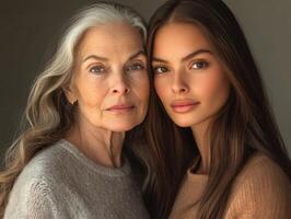 Portrait of two beautiful women, one older and one younger, standing in a relaxed pose, their expressions soft and serene photo