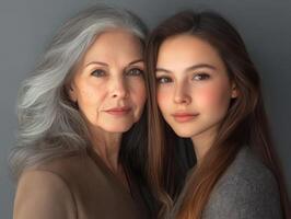 Portrait of a mature woman and a younger woman, both looking confident and beautiful, with their age difference highlighted subtly photo