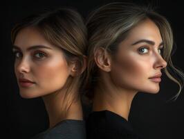 Portrait of two beautiful women of different ages, looking in different directions, showcasing elegance and diversity in appearance photo