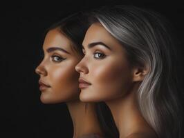 Portrait of two beautiful women of different ages, looking in different directions, showcasing elegance and diversity in appearance photo
