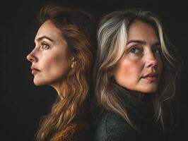 Portrait of two beautiful women of different ages, looking in different directions, showcasing elegance and diversity in appearance photo
