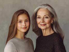 Portrait of two beautiful women, one younger and one older, standing side by side, smiling, with a soft neutral background photo