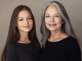 Portrait of two beautiful women, one younger and one older, standing side by side, smiling, with a soft neutral background photo