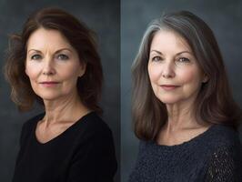 Side-by-side portrait of two women, one middle-aged and one in her sixties, both looking calm and radiant, with a soft studio background photo