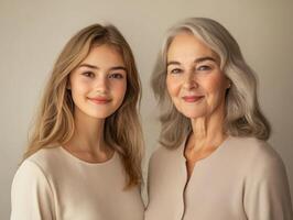 Portrait of two beautiful women, one younger and one older, standing side by side, smiling, with a soft neutral background photo