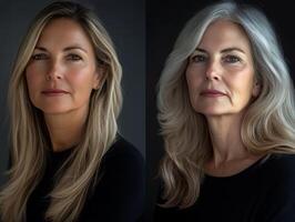 Side-by-side portrait of two women, one middle-aged and one in her sixties, both looking calm and radiant, with a soft studio background photo