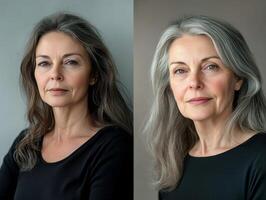 Side-by-side portrait of two women, one middle-aged and one in her sixties, both looking calm and radiant, with a soft studio background photo
