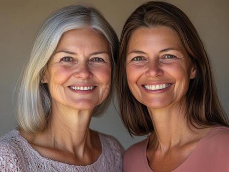 sonriente retrato de dos mujer desde diferente generaciones, en pie siguiente a cada otro, su facial expresiones demostración calor y conexión foto