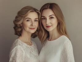 Two beautiful women of different ages, softly lit, showing a natural and timeless beauty, standing in front of a simple background photo
