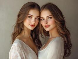 dos hermosa mujer de diferente siglos, suavemente iluminado, demostración un natural y eterno belleza, en pie en frente de un sencillo antecedentes foto