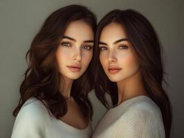 dos hermosa mujer de diferente siglos, suavemente iluminado, demostración un natural y eterno belleza, en pie en frente de un sencillo antecedentes foto