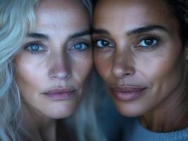 Two women from different generations, standing close, their faces illuminated softly, with a clean background emphasizing their unique beauty photo
