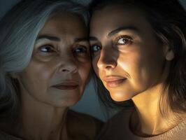 Two women from different generations, standing close, their faces illuminated softly, with a clean background emphasizing their unique beauty photo