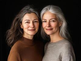 Two women of different ages, standing side by side, with warm expressions, representing connection and shared beauty photo
