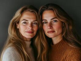 dos mujer de diferente siglos, en pie lado por lado, con calentar expresiones, representando conexión y compartido belleza foto