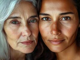 Two women from different generations, standing close, their faces illuminated softly, with a clean background emphasizing their unique beauty photo