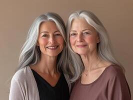 Two women, one in her thirties and one in her sixties, standing close together with soft smiles, against a neutral-toned background photo