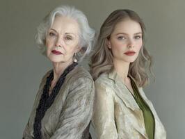 Two women, one older and one younger, posing side by side, both wearing elegant outfits, their expressions showing calmness and grace photo