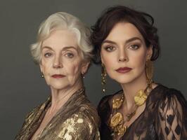Two women, one older and one younger, posing side by side, both wearing elegant outfits, their expressions showing calmness and grace photo