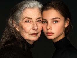 A duo portrait of two women, one older and one younger, their facial features highlighting the elegance of different ages photo