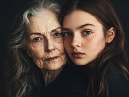 A duo portrait of two women, one older and one younger, their facial features highlighting the elegance of different ages photo