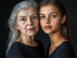 A duo portrait of two women, one older and one younger, their facial features highlighting the elegance of different ages photo