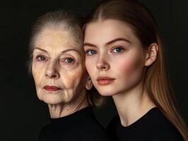 A duo portrait of two women, one older and one younger, their facial features highlighting the elegance of different ages photo