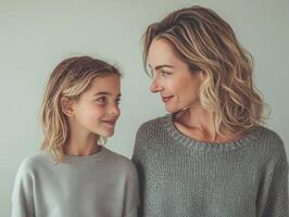 A mother and daughter or close friends, one young and the other mature, standing together, looking at each other with smiles, in a simple backdrop photo