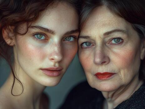 un par de mujer, uno en su veinte y el otro en su años cincuenta, en pie cerca, mirando directamente a el cámara con un suave y confidente mirada foto