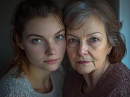 A pair of women, one in her twenties and the other in her fifties, standing close, looking directly at the camera with a soft and confident gaze photo