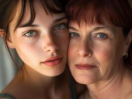 A pair of women, one in her twenties and the other in her fifties, standing close, looking directly at the camera with a soft and confident gaze photo