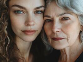 A pair of women, one in her twenties and the other in her fifties, standing close, looking directly at the camera with a soft and confident gaze photo