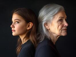 A side-profile portrait of two women, one younger and one older, both with thoughtful expressions, their age differences subtly visible photo