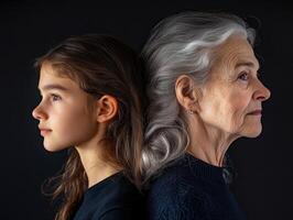 A side-profile portrait of two women, one younger and one older, both with thoughtful expressions, their age differences subtly visible photo