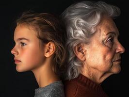 A side-profile portrait of two women, one younger and one older, both with thoughtful expressions, their age differences subtly visible photo