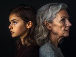 A side-profile portrait of two women, one younger and one older, both with thoughtful expressions, their age differences subtly visible photo