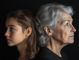 A side-profile portrait of two women, one younger and one older, both with thoughtful expressions, their age differences subtly visible photo