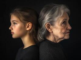 A side-profile portrait of two women, one younger and one older, both with thoughtful expressions, their age differences subtly visible photo