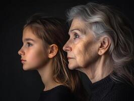 A side-profile portrait of two women, one younger and one older, both with thoughtful expressions, their age differences subtly visible photo