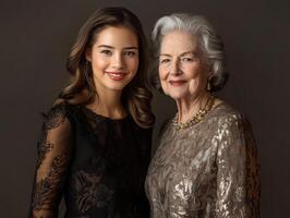 A younger woman and an older woman, both beautifully dressed, standing together with subtle smiles, highlighting their different ages but shared grace photo
