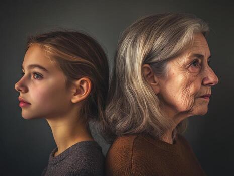 A side-profile portrait of two women, one younger and one older, both with thoughtful expressions, their age differences subtly visible photo