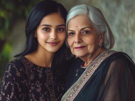 A younger woman and an older woman, both beautifully dressed, standing together with subtle smiles, highlighting their different ages but shared grace photo