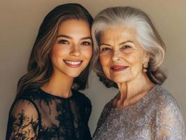 A younger woman and an older woman, both beautifully dressed, standing together with subtle smiles, highlighting their different ages but shared grace photo